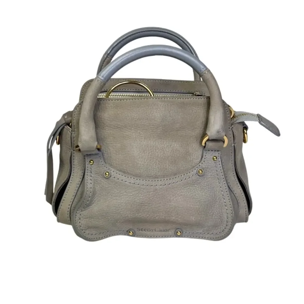 See by Chloé Miya Mini Satchel Crossbody Gray Leather Suede Gold Ring Bag